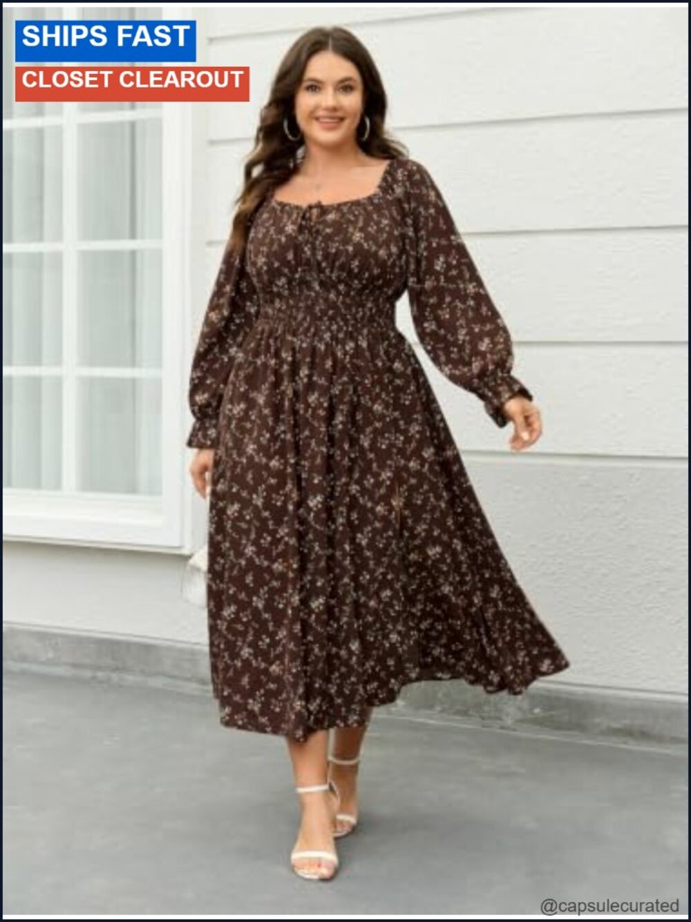 Plus Size Maxi Dress Long Sleeve Smocked Square Neck Floral - Picture 2 of 6